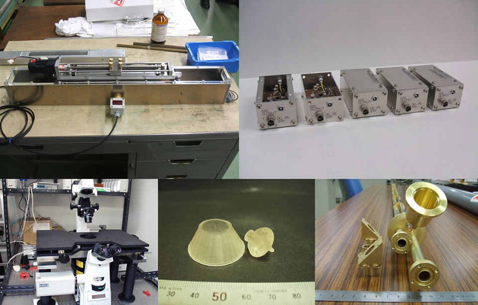 ピクセル検出器試験用BOX(左上)、I-V変換回路(右上)、顕微鏡ステージ改造(左下)、光(積層)造形品(中央下)、ミリ波ESR装置(右下) ピクセル検出器試験用BOX(左上)、I-V変換回路(右上)、顕微鏡ステージ改造(左下)、光(積層)造形品(中央下)、ミリ波ESR装置(右下)